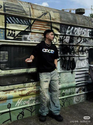 Black Graphic Print Short Sleeve T-Shirt with Colorful Logo view 2