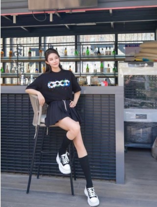 Black Graphic Print Short Sleeve T-Shirt with Colorful Logo view 7