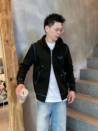Prada Black Zip Hoodie Jacket with Blue Trim view 2
