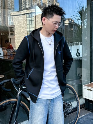 Prada Black Zip Hoodie Jacket with Blue Trim view 3