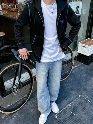 Prada Black Zip Hoodie Jacket with Blue Trim view 4