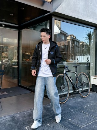 Prada Black Zip Hoodie Jacket with Blue Trim view 6