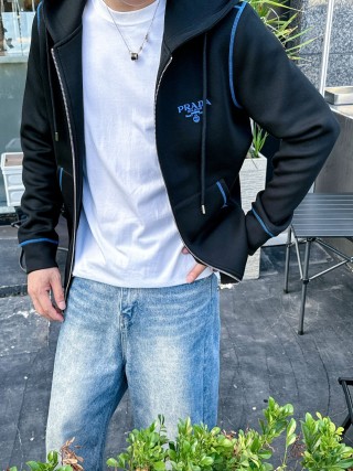 Prada Black Zip Hoodie Jacket with Blue Trim view 7