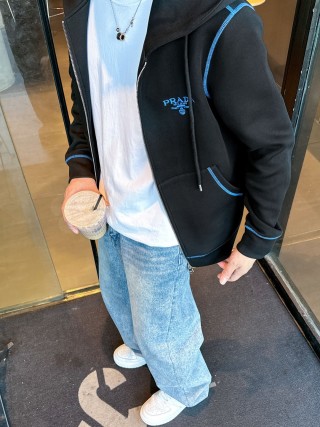 Prada Black Zip Hoodie Jacket with Blue Trim view 8