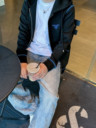 Prada Black Zip Hoodie Jacket with Blue Trim view 9