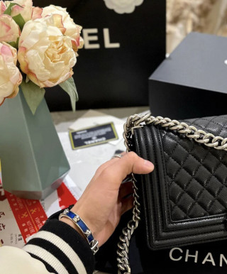 Chanel Boy Quilted Black Leather Chain Shoulder Bag