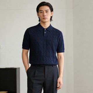 Navy Quilted Knit Polo Shirt Short Sleeve