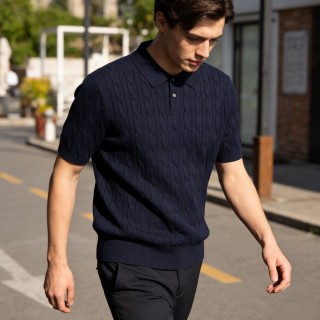 Navy Quilted Knit Polo Shirt Short Sleeve view 2