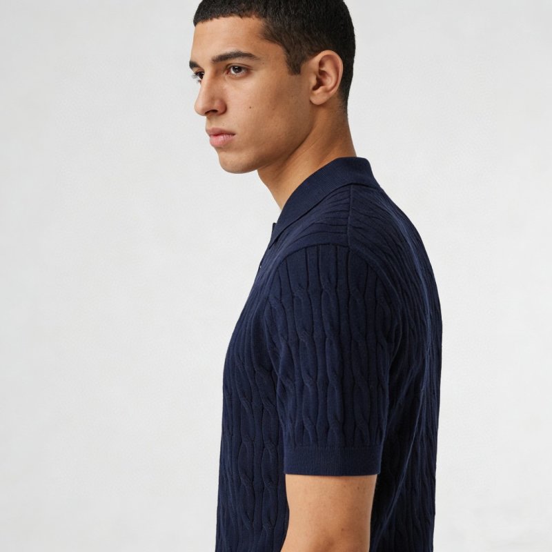Navy Quilted Knit Polo Shirt Short Sleeve view