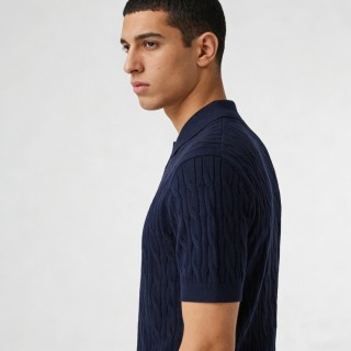 Navy Quilted Knit Polo Shirt Short Sleeve view 3