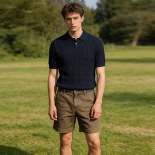 Navy Quilted Knit Polo Shirt Short Sleeve view 4