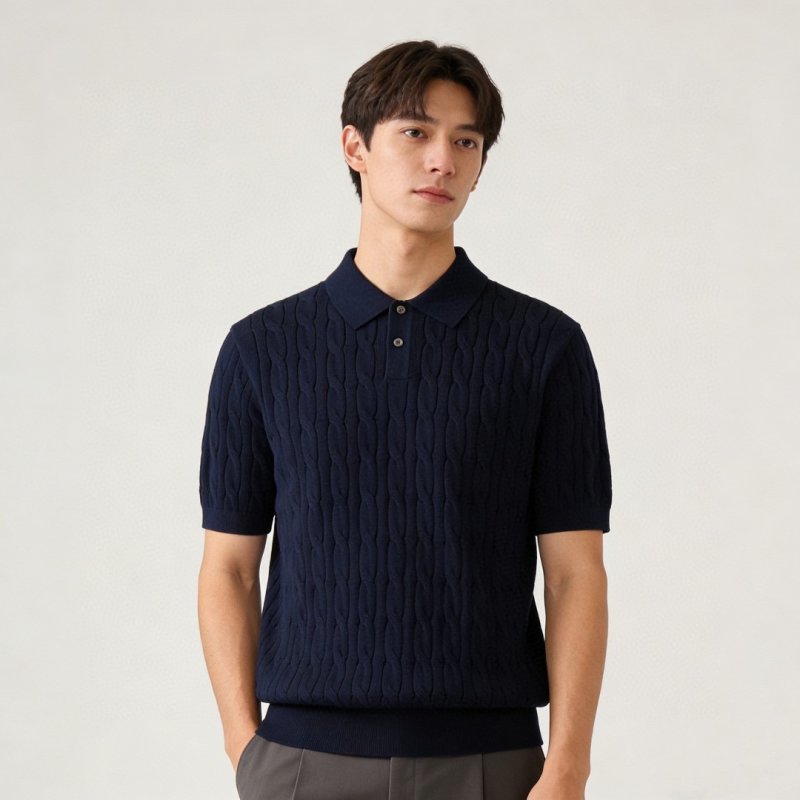 Navy Quilted Knit Polo Shirt Short Sleeve view