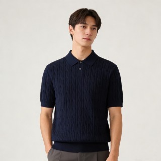 Navy Quilted Knit Polo Shirt Short Sleeve view 5