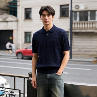 Navy Quilted Knit Polo Shirt Short Sleeve view 6