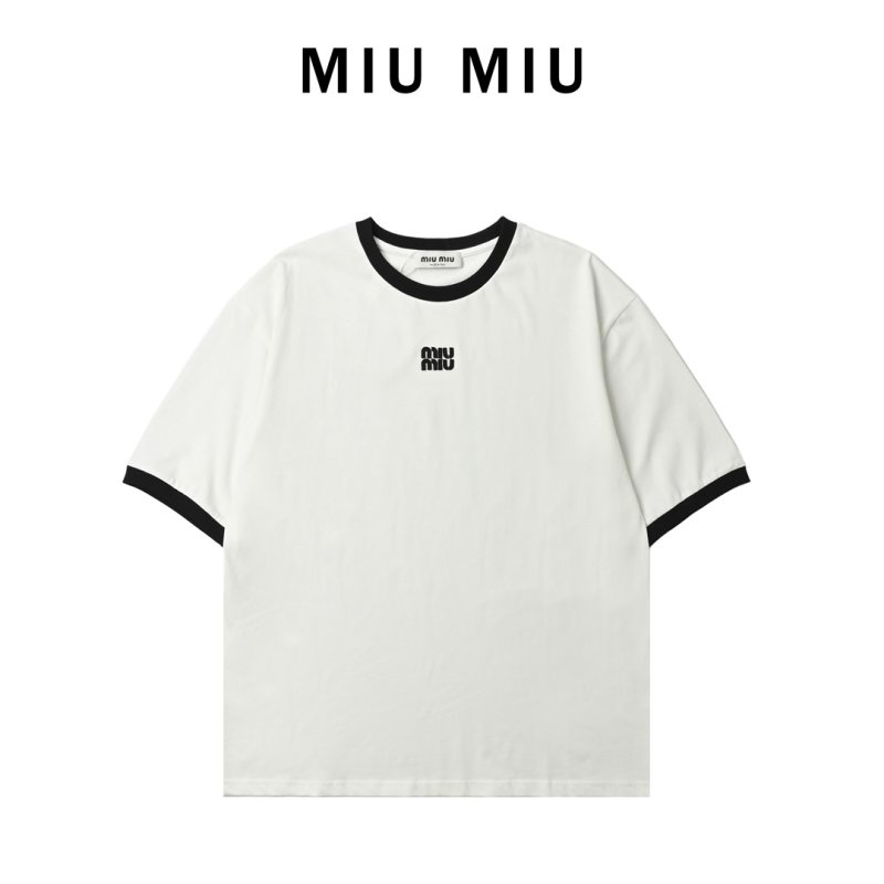 Miu Miu 24SS Embroidered Logo Contrast T-Shirt Cream