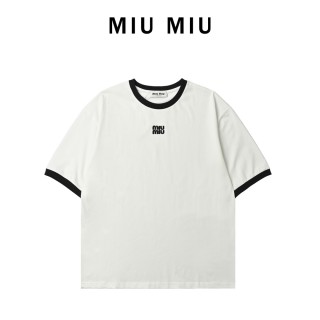 Miu Miu 24SS Embroidered Logo Contrast T-Shirt Cream