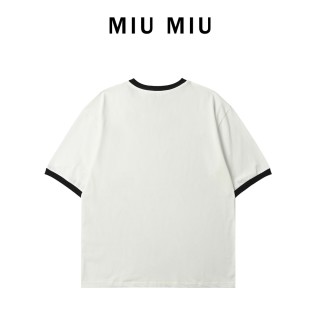 Miu Miu 24SS Embroidered Logo Contrast T-Shirt Cream view 2