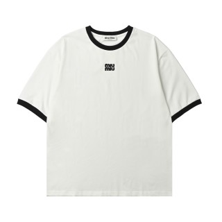 Miu Miu 24SS Embroidered Logo Contrast T-Shirt Cream view 3