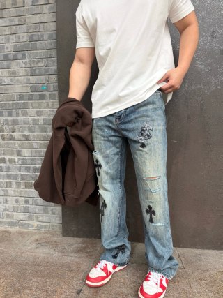 Chrome Hearts Cross Distressed Light Blue Denim Jeans