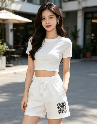 White Drawstring Shorts with Monogram Print