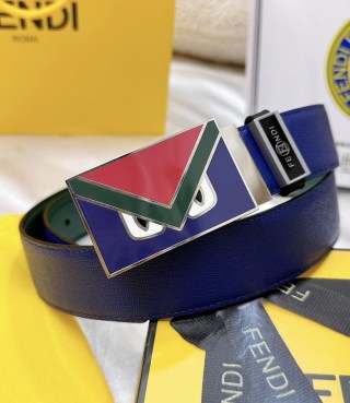 Fendi Monster Eyes Enamel Buckle Blue Leather Belt 3.8cm