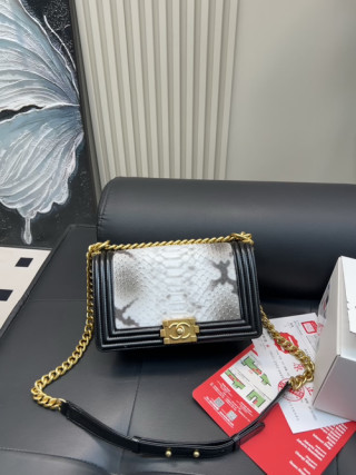 Chanel Boy Bag Python White Black Gold Chain Shoulder Bag