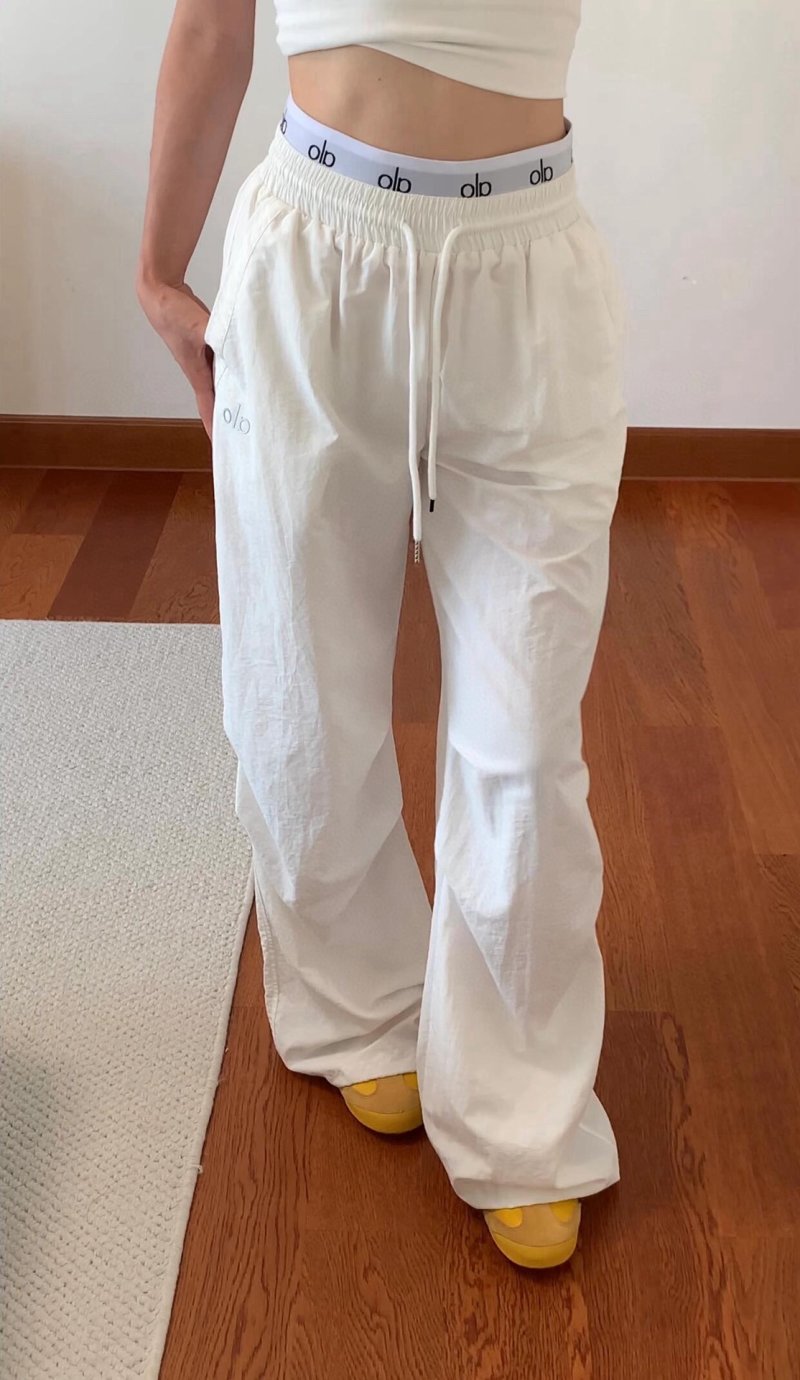 White Wide-Leg Drawstring Pants with Logo Waistband