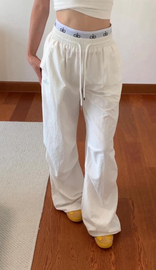 White Wide-Leg Drawstring Pants with Logo Waistband