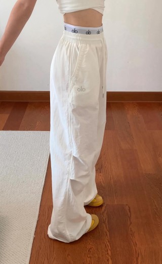 White Wide-Leg Drawstring Pants with Logo Waistband view 2