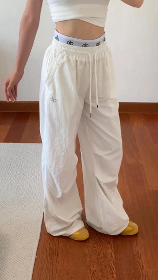 White Wide-Leg Drawstring Pants with Logo Waistband view 3
