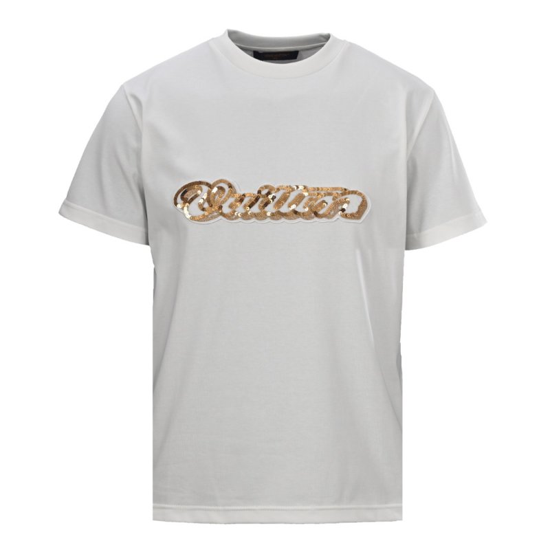 White Crew Neck T-Shirt with Gold Chain Embroidered Graphic view