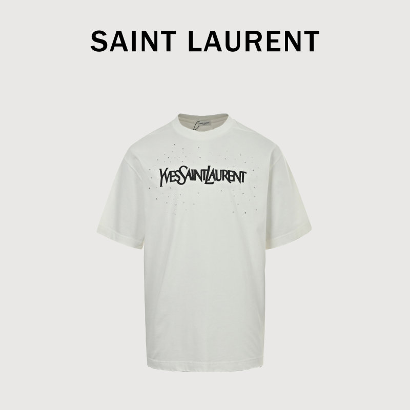 Saint Laurent Distressed Rhinestone Logo T-Shirt White