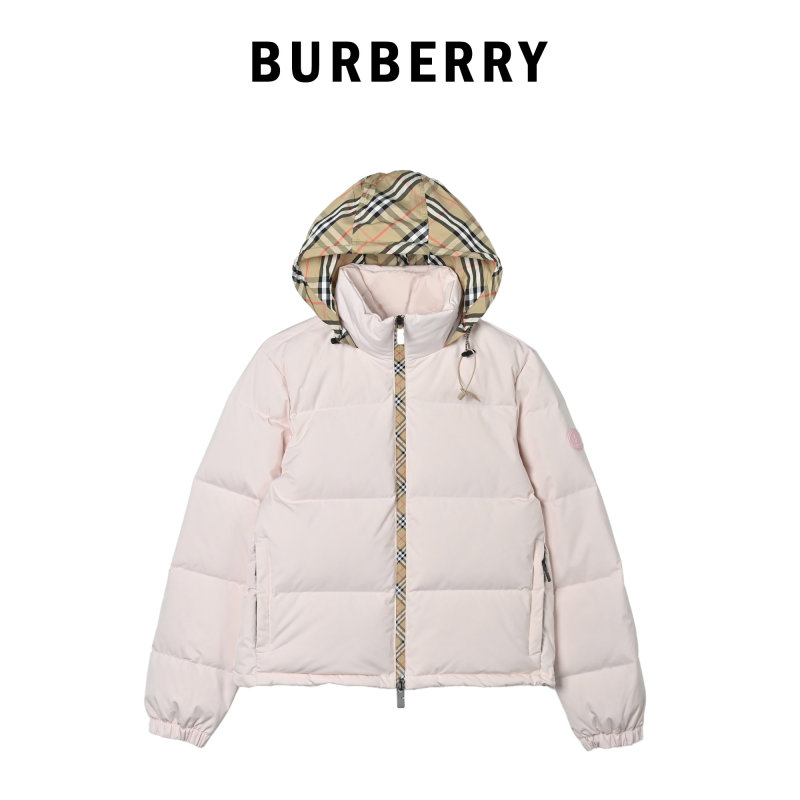 White Puffer Down Jacket with Check Trim view