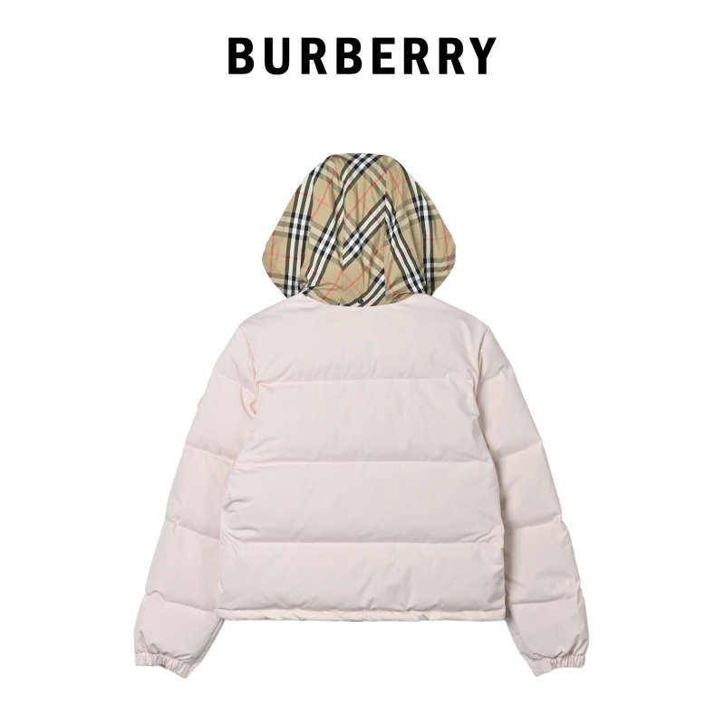 White Puffer Down Jacket with Check Trim view