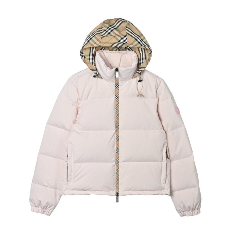 White Puffer Down Jacket with Check Trim view