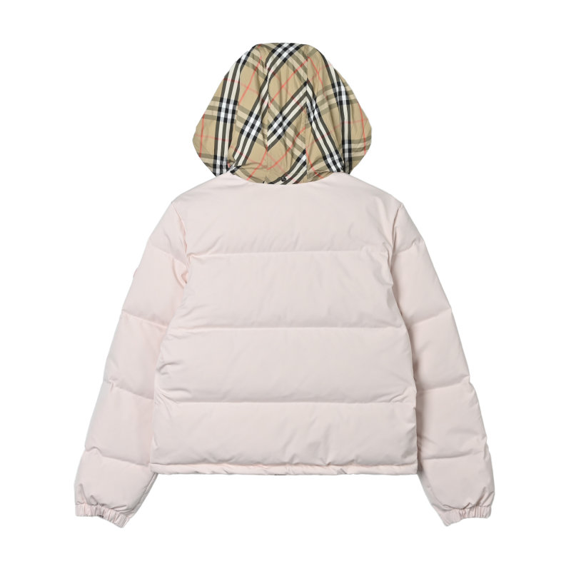 White Puffer Down Jacket with Check Trim view