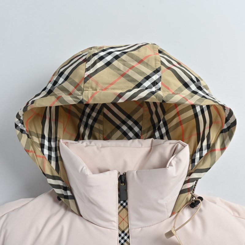 White Puffer Down Jacket with Check Trim view