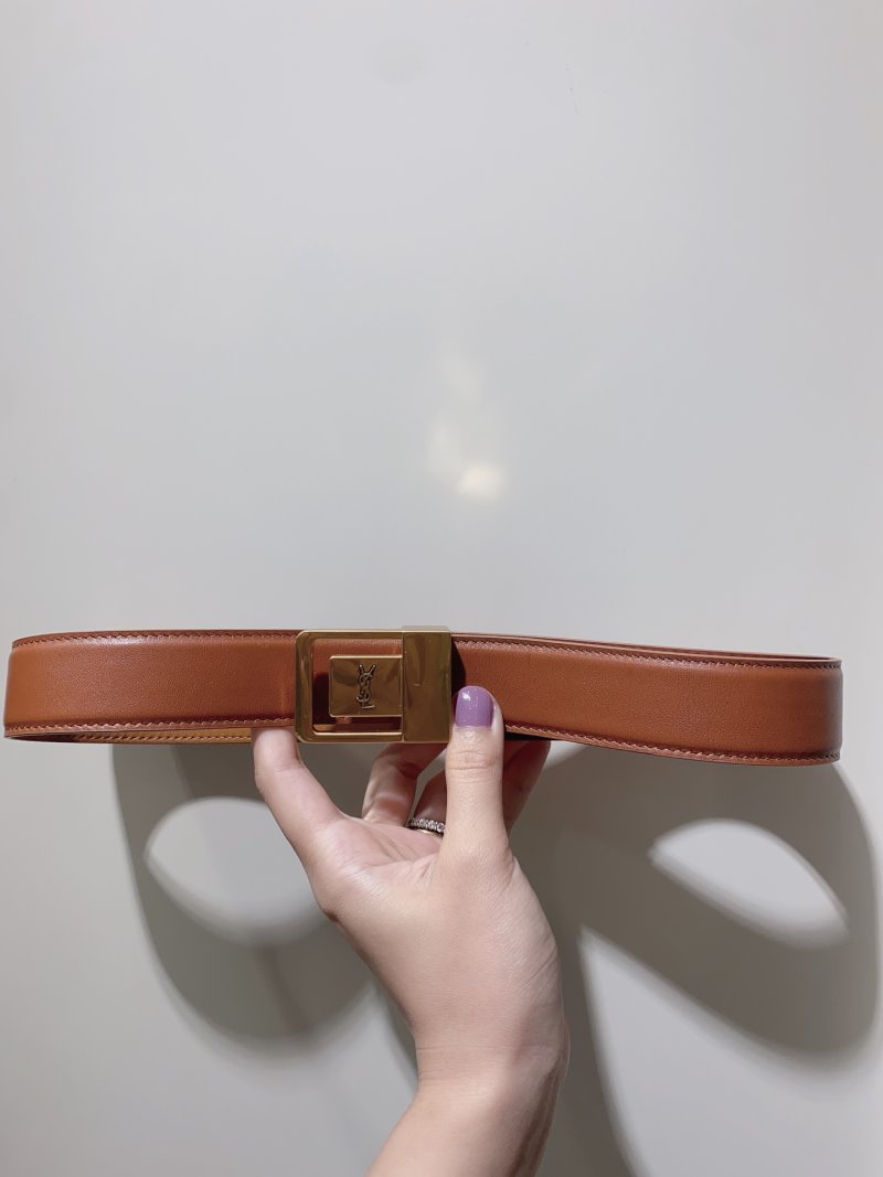 YSL Women's Cognac Leather Belt with Gold Buckle