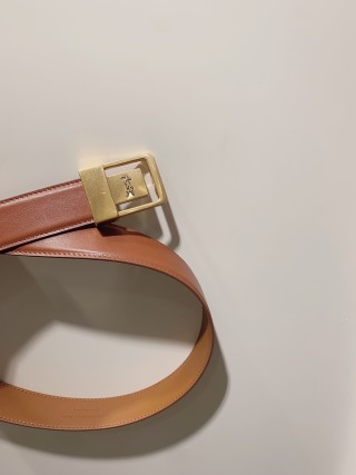 YSL Women's Cognac Leather Belt with Gold Buckle view 2