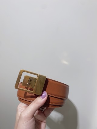 YSL Women's Cognac Leather Belt with Gold Buckle view 4