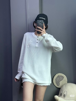 White Waffle Knit Long Sleeve Henley with Embroidered Cross