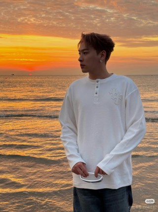 White Waffle Knit Long Sleeve Henley with Embroidered Cross view 4