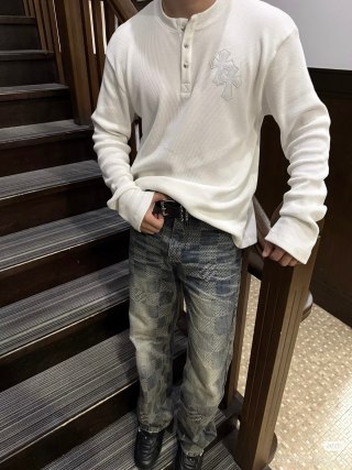 White Waffle Knit Long Sleeve Henley with Embroidered Cross view 5