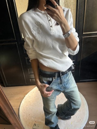 White Waffle Knit Long Sleeve Henley with Embroidered Cross view 6