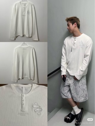 White Waffle Knit Long Sleeve Henley with Embroidered Cross view 7