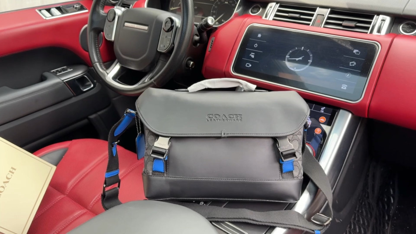 Coach Grey Leather Shoulder Bag with Blue Straps