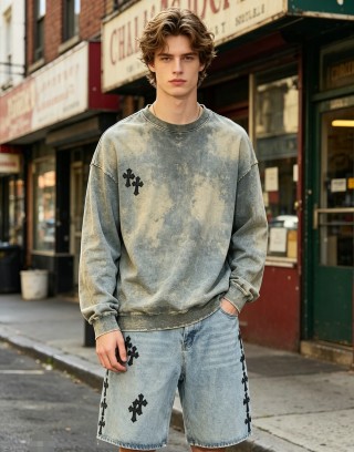 Light Wash Denim Shorts with Cross Embroidery view 2