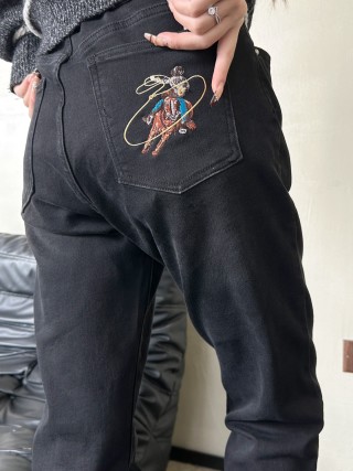 Black Embroidered Denim Jeans with Celestial Angel Graphic