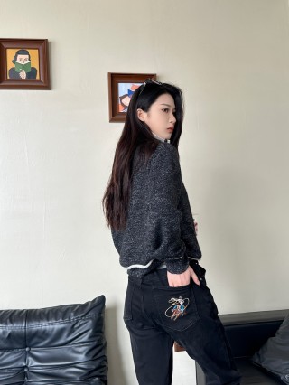 Black Embroidered Denim Jeans with Celestial Angel Graphic view 3