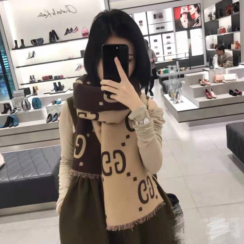 Gucci GG Logo Jacquard Wool Silk Scarf - Beige/Brown